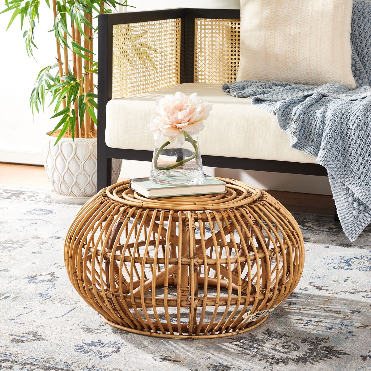 SAFAVIEH Sarahi Tropical Coastal Boho Rattan Round Ottoman