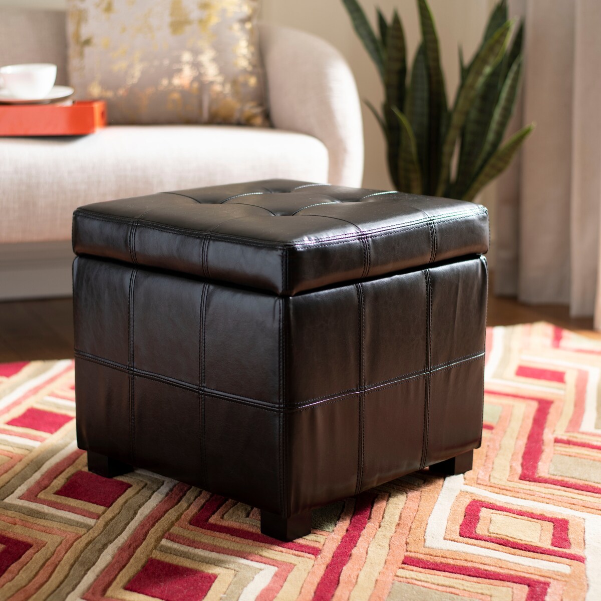 SAFAVIEH Shelli Square Storage Tufted Brown Leather Ottoman