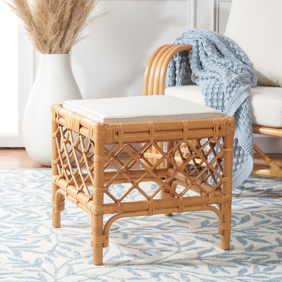 SAFAVIEH Skye Southeast Asia Rattan Ottoman with Cushion