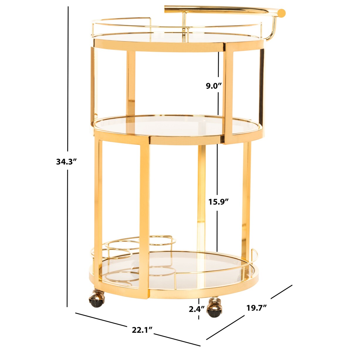 SAFAVIEH Sueann 3 Tier Round Bar Cart-Gold / Tea - 22.1" x 19.7" x 34.3" - 22Wx20Dx34H