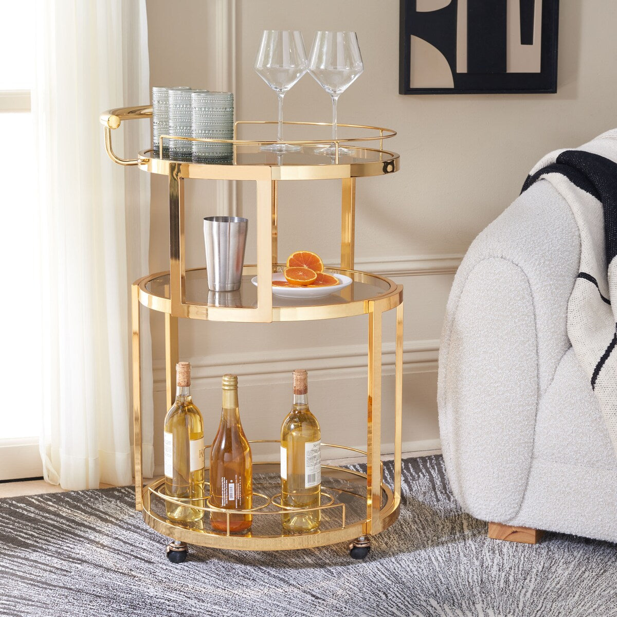 SAFAVIEH Sueann 3 Tier Round Bar Cart-Gold / Tea - 22.1" x 19.7" x 34.3" - 22Wx20Dx34H