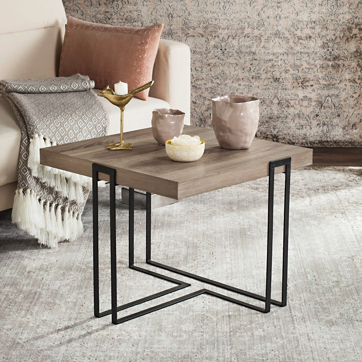 SAFAVIEH Tanya Mid-Century Modern Light Grey / Black End Table - 22" x 22" x 18" - 22Wx22Dx18H