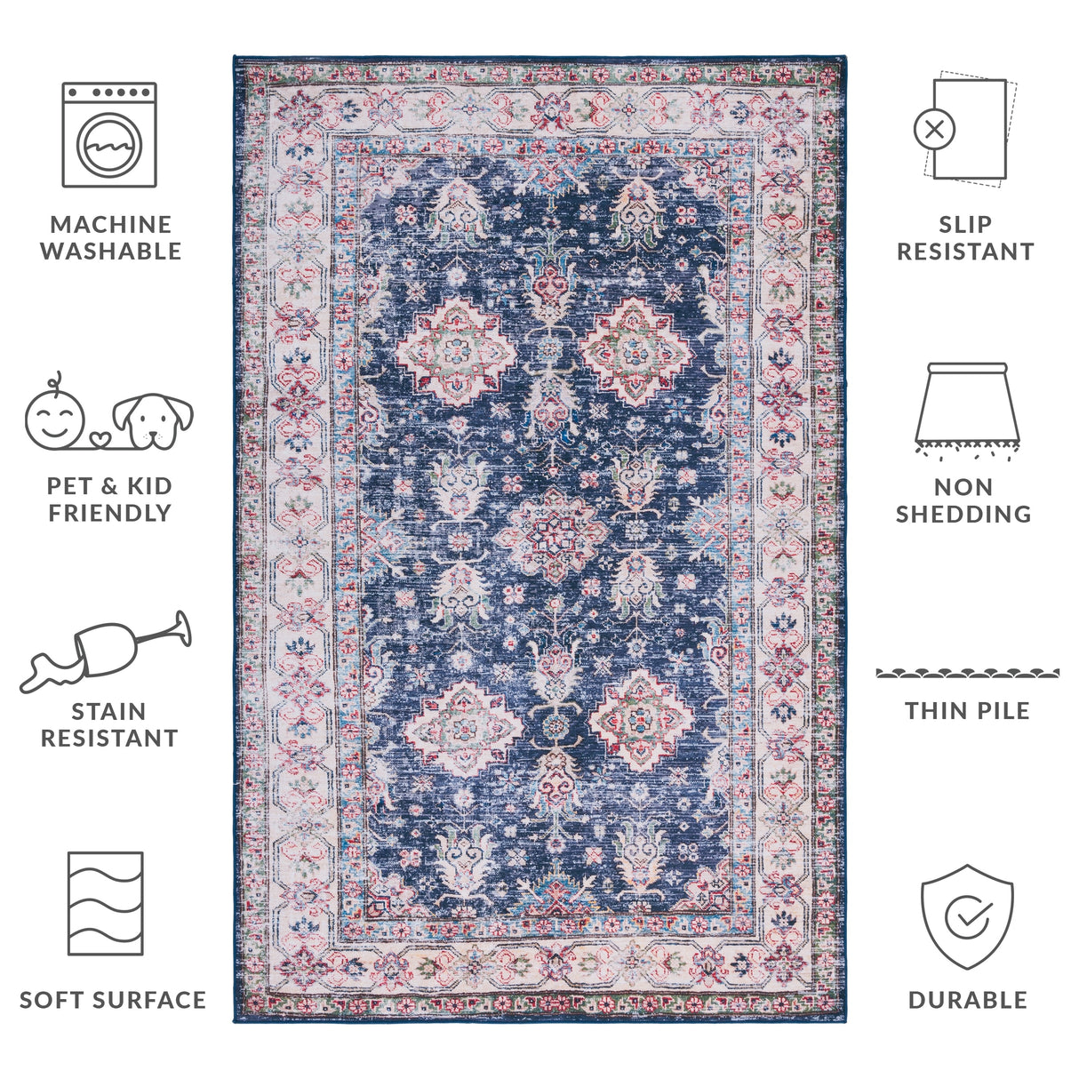 SAFAVIEH Tucson Machine Washable Slip Resistant Daisie Oriental Rug