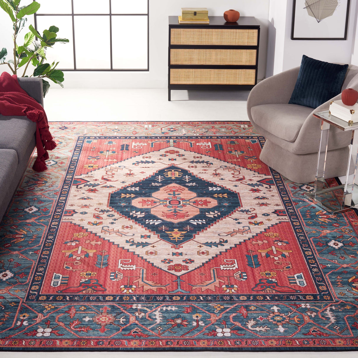 SAFAVIEH Tucson Machine Washable Slip Resistant Ozden Traditional Rug