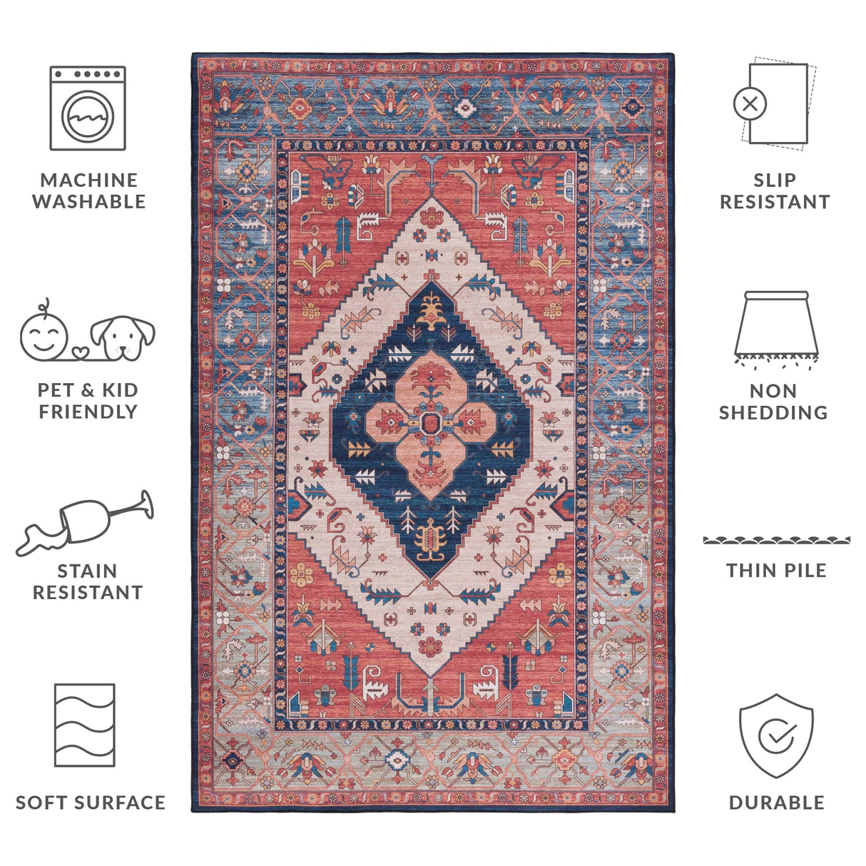 SAFAVIEH Tucson Machine Washable Slip Resistant Ozden Traditional Rug