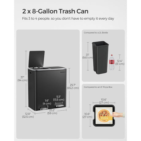 SONGMICS Dual Trash Can, 16 Gallon Stainless Steel Rubbish Bin, Black