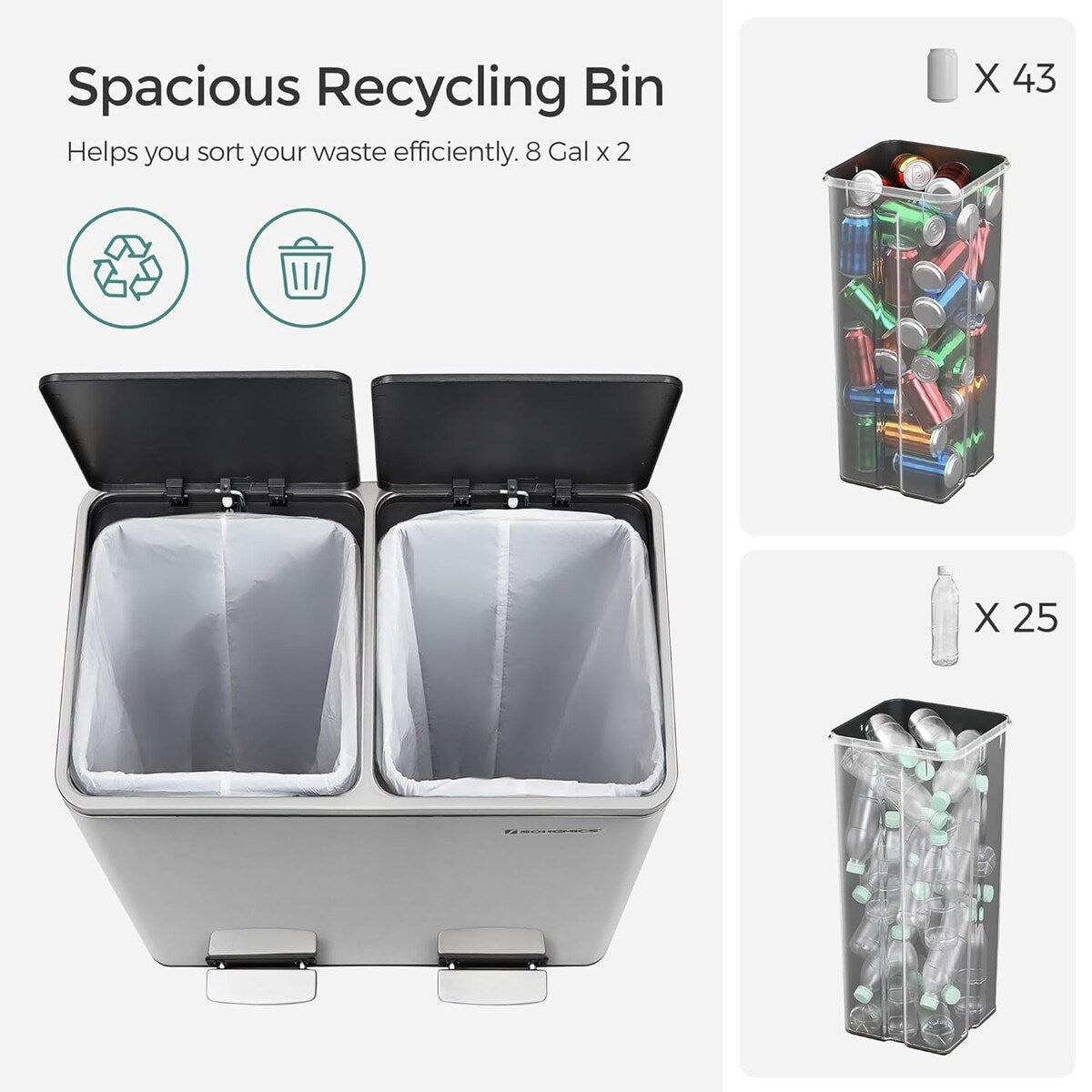 Dual Trash Can, 2 x 8-Gallon Rubbish Bin