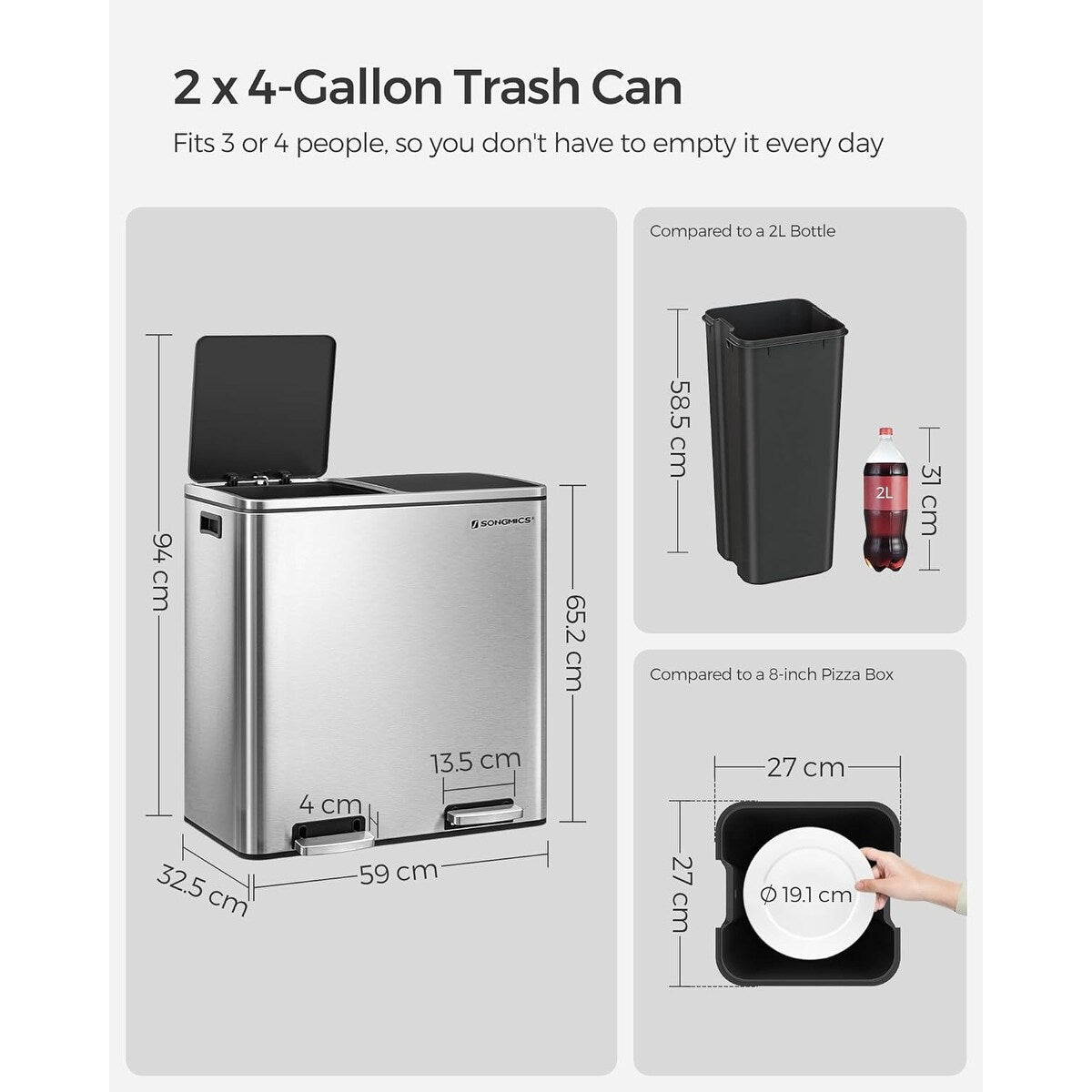 Dual Trash Can, 2 x 8-Gallon Rubbish Bin