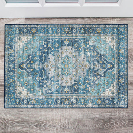 Sariah Machine Washlable Teal and Ivory Area Rug