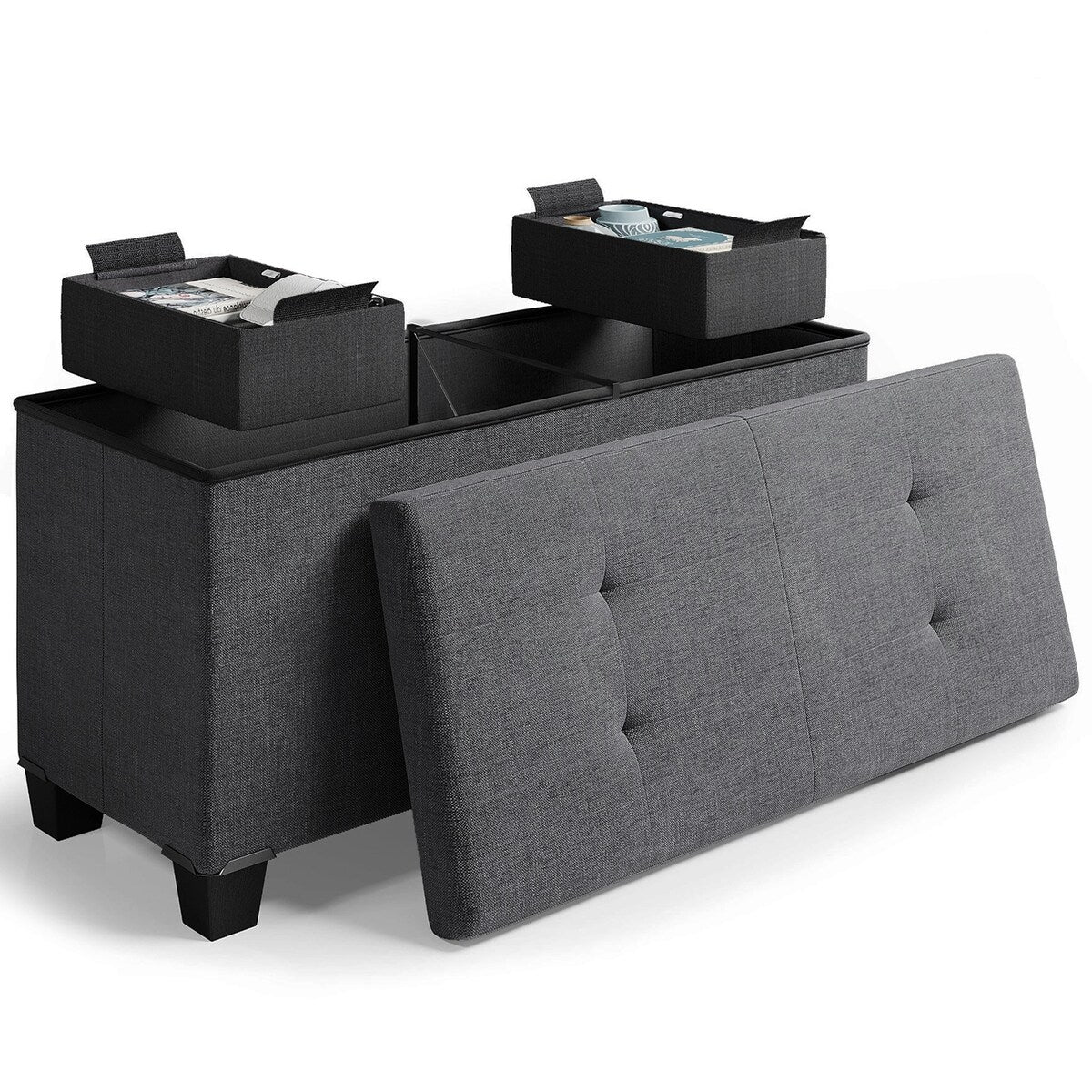 StorageBud Tuffted Folding Foot Rest Storage Ottoman Bench with Storage Bins