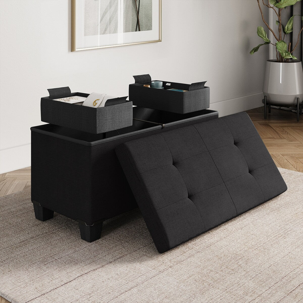 StorageBud Tuffted Folding Foot Rest Storage Ottoman Bench with Storage Bins