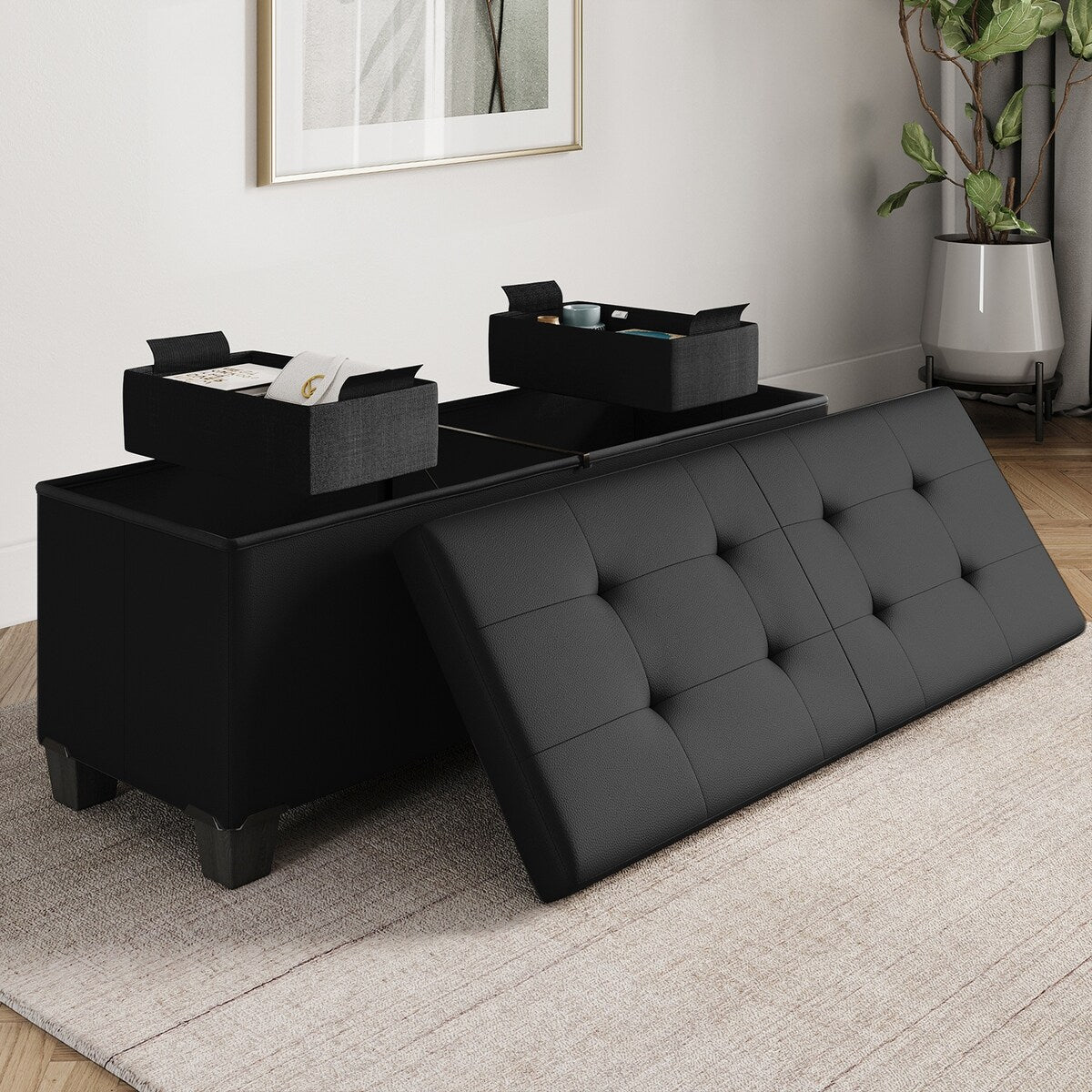 StorageBud Tuffted Folding Foot Rest Storage Ottoman Bench with Storage Bins