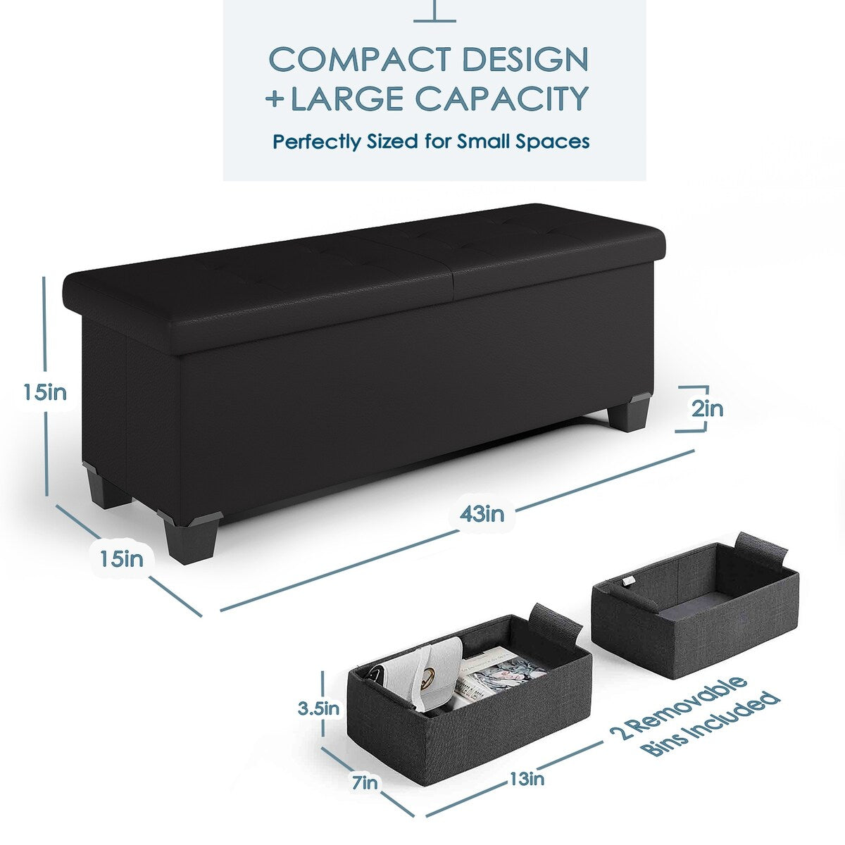 StorageBud Tuffted Folding Foot Rest Storage Ottoman Bench with Storage Bins