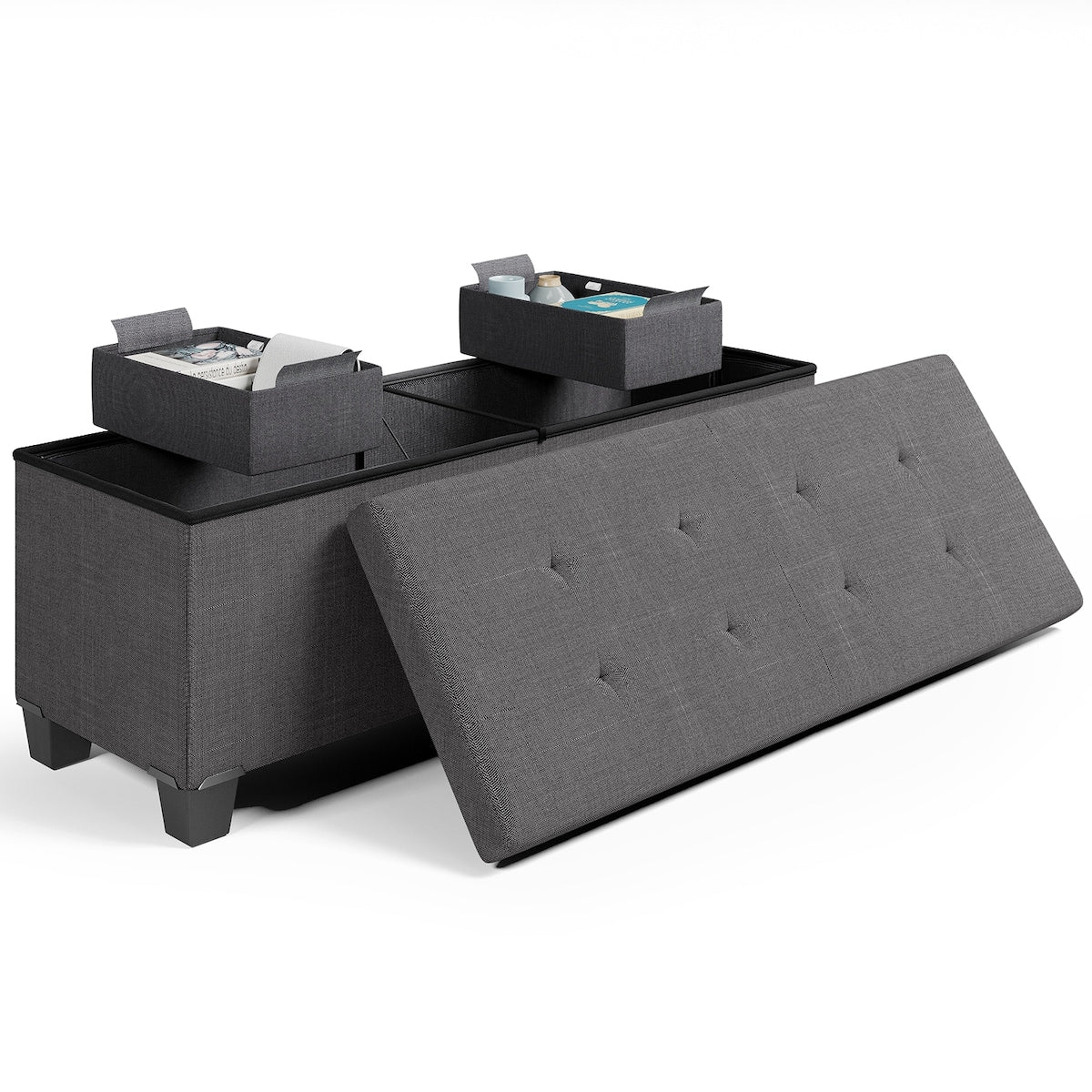 StorageBud Tuffted Folding Foot Rest Storage Ottoman Bench with Storage Bins