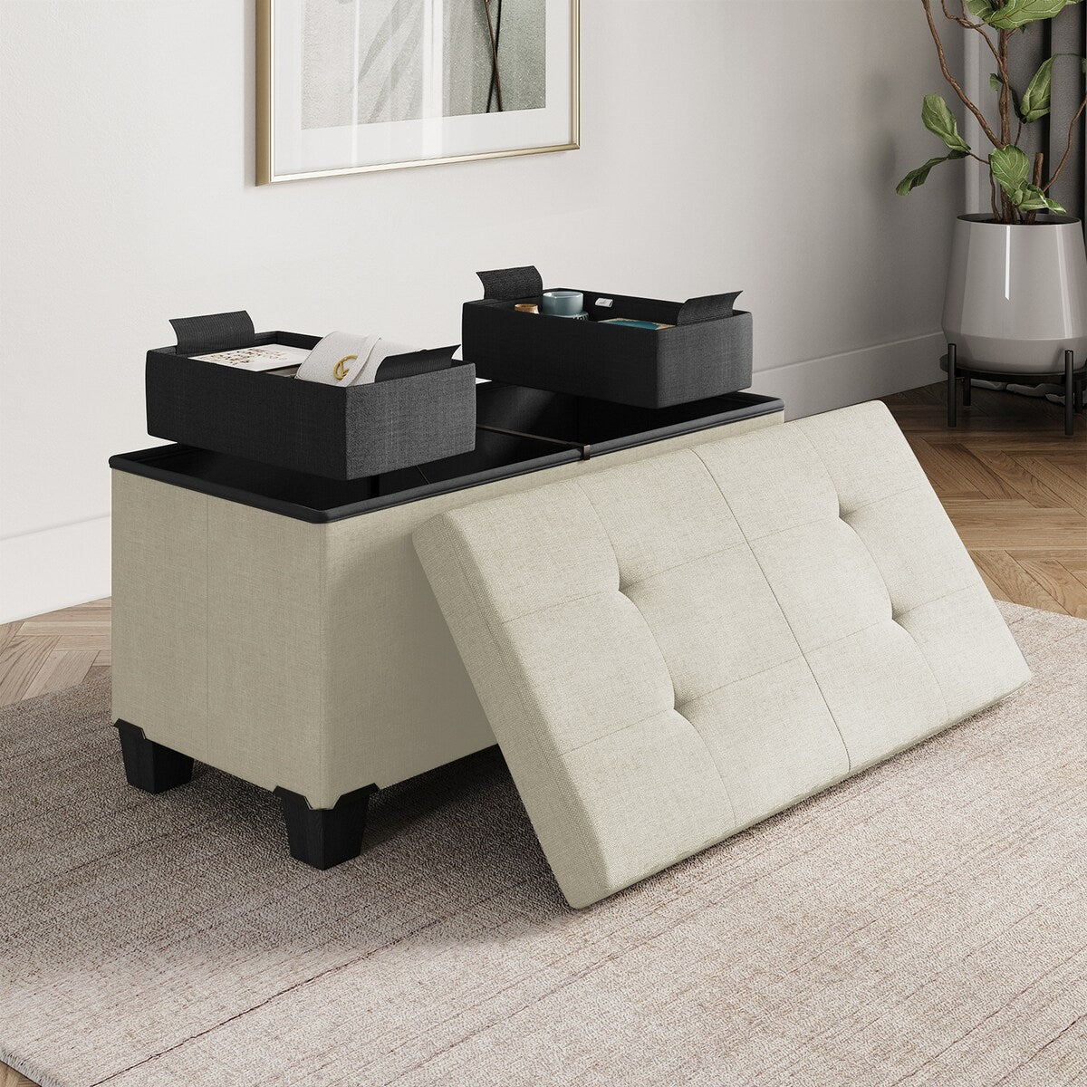 StorageBud Tuffted Folding Foot Rest Storage Ottoman Bench with Storage Bins