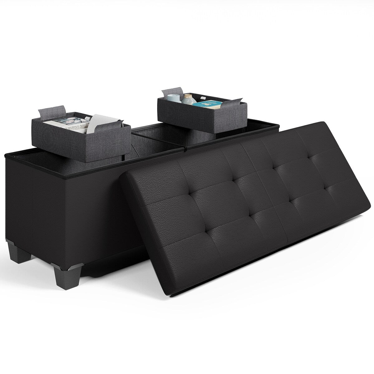 StorageBud Tuffted Folding Foot Rest Storage Ottoman Bench with Storage Bins