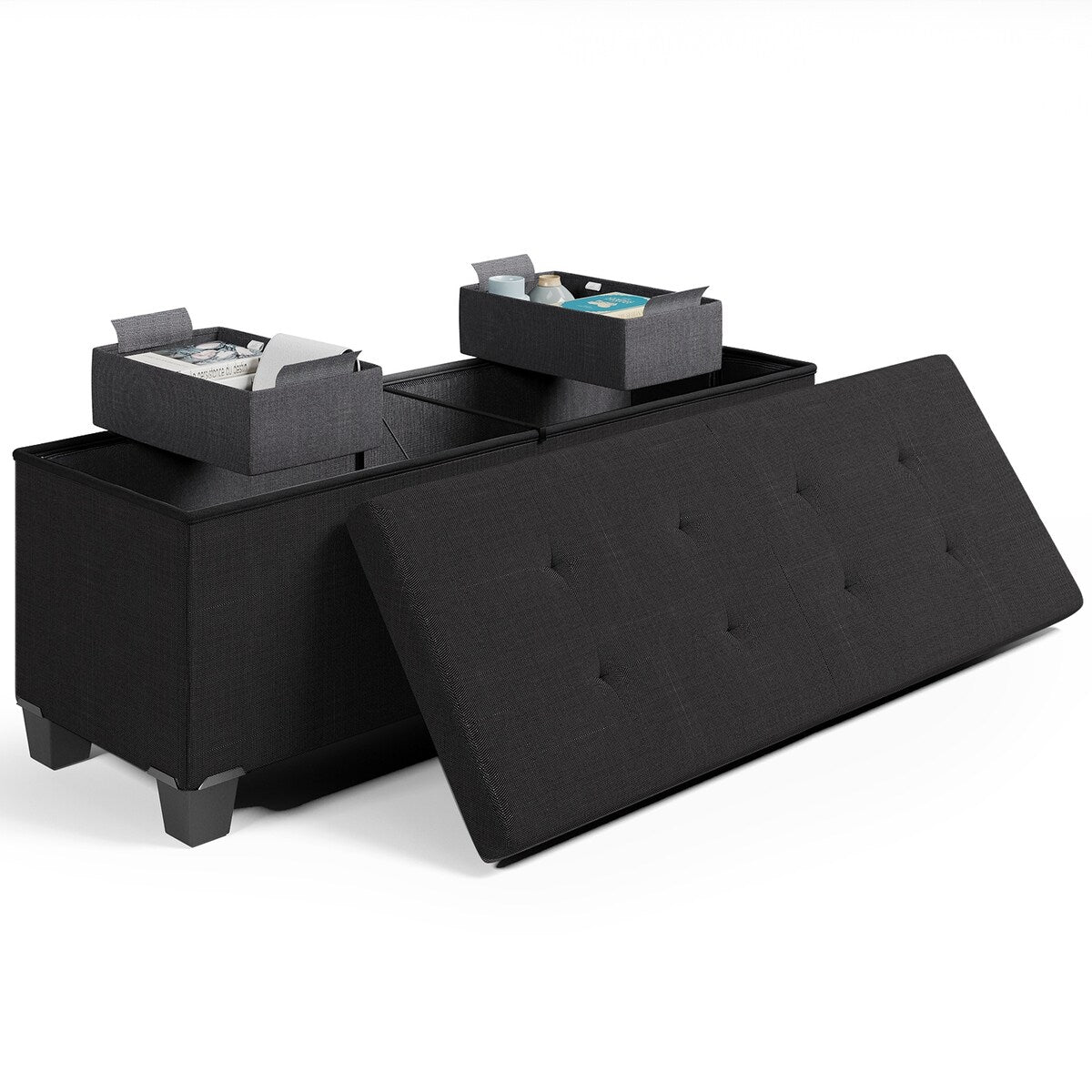 StorageBud Tuffted Folding Foot Rest Storage Ottoman Bench with Storage Bins