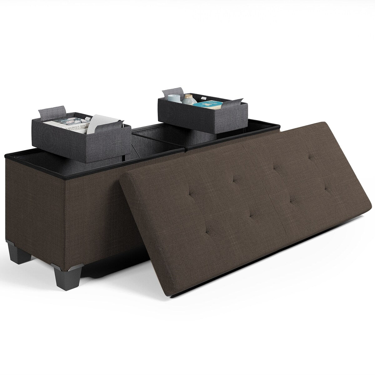 StorageBud Tuffted Folding Foot Rest Storage Ottoman Bench with Storage Bins