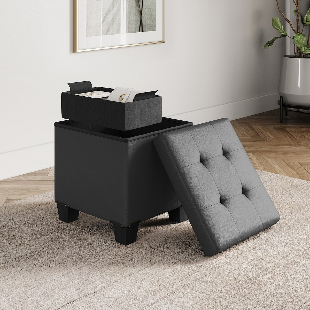 StorageBud Tuffted Folding Foot Rest Storage Ottoman Bench with Storage Bins