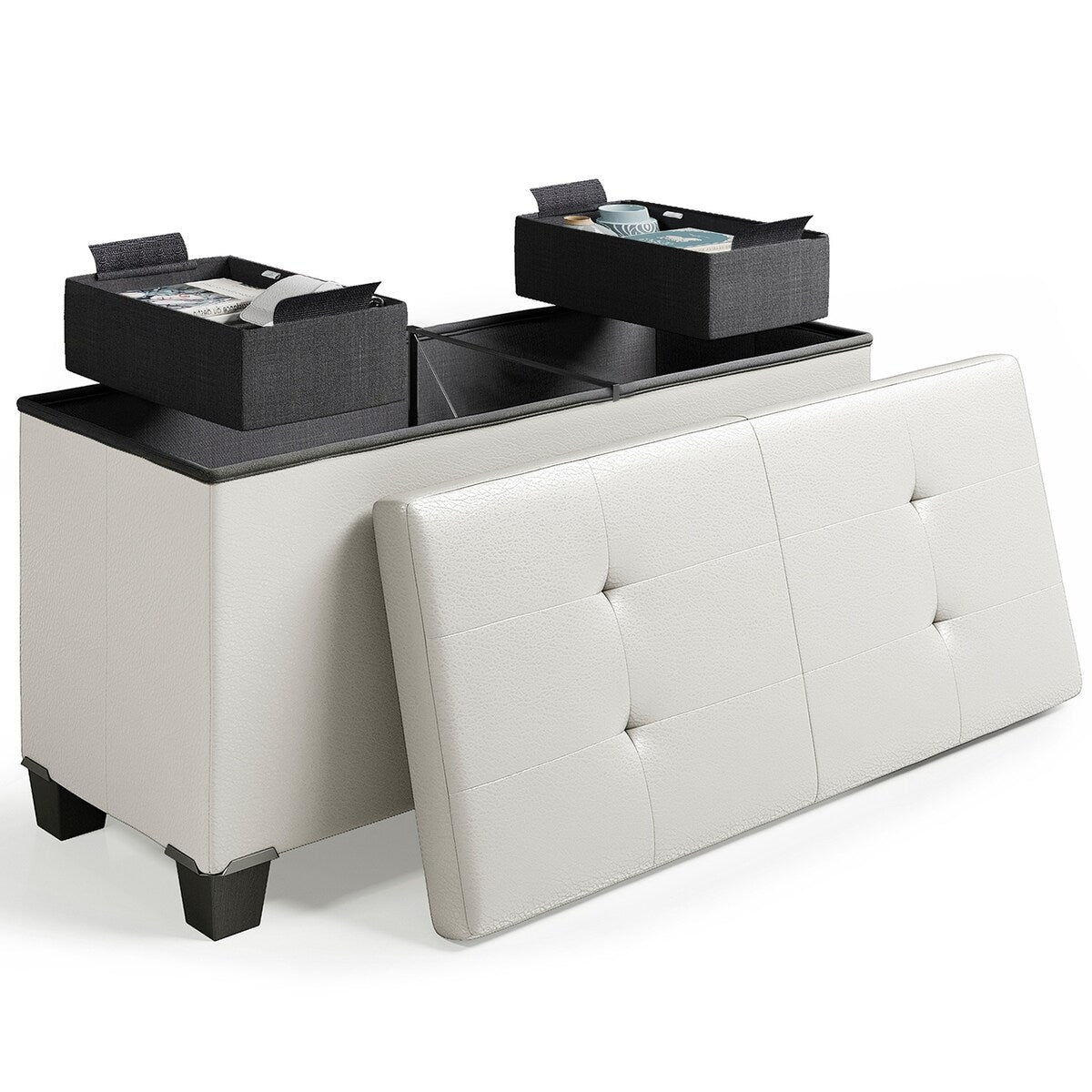 StorageBud Tuffted Folding Foot Rest Storage Ottoman Bench with Storage Bins