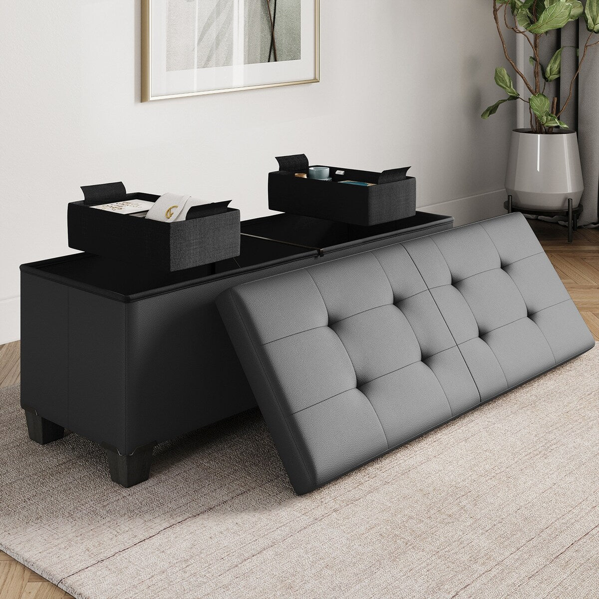 StorageBud Tuffted Folding Foot Rest Storage Ottoman Bench with Storage Bins