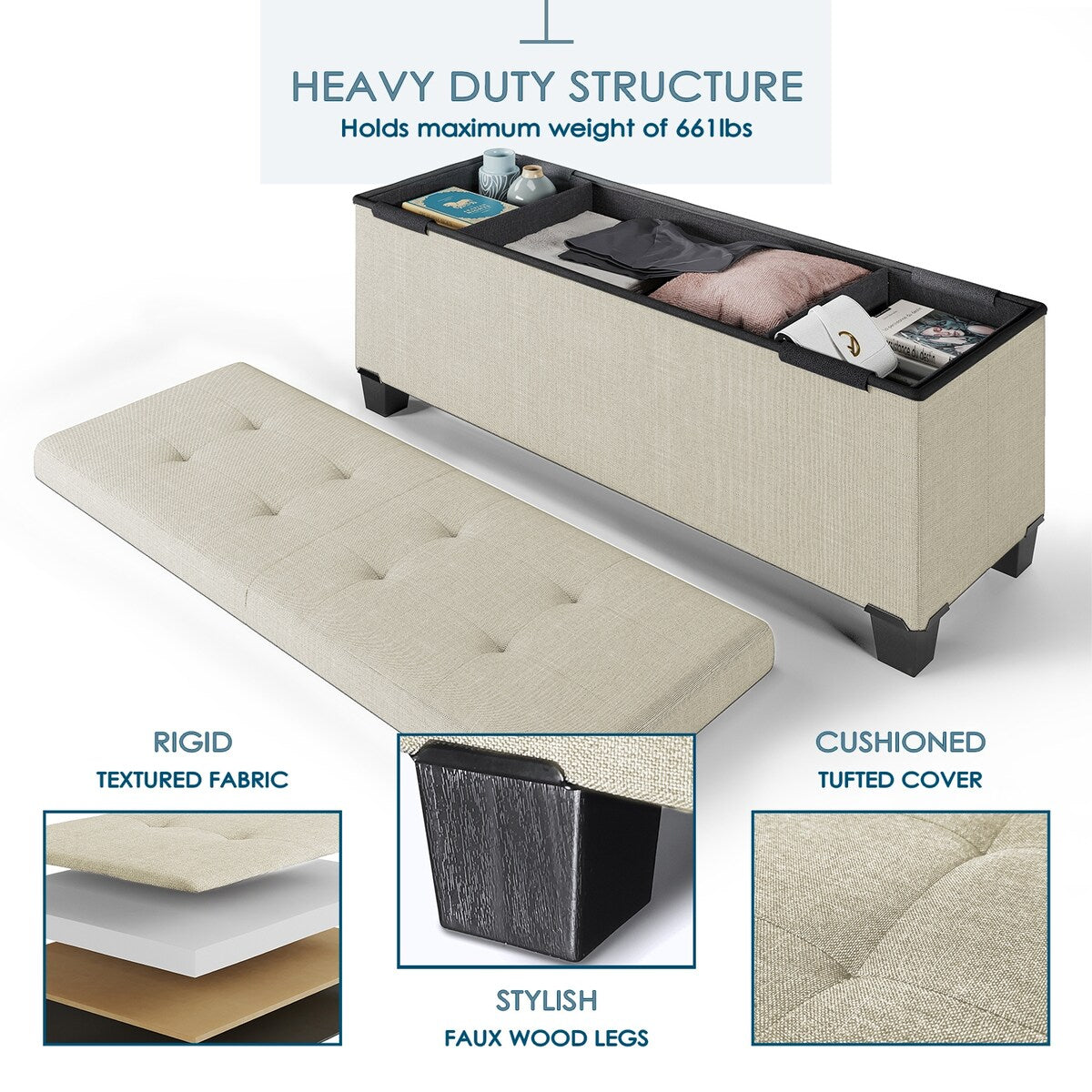 StorageBud Tuffted Folding Foot Rest Storage Ottoman Bench with Storage Bins