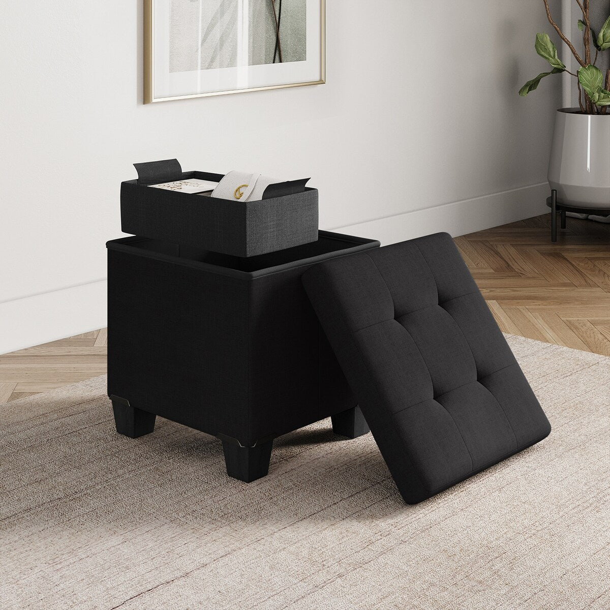 StorageBud Tuffted Folding Foot Rest Storage Ottoman Bench with Storage Bins