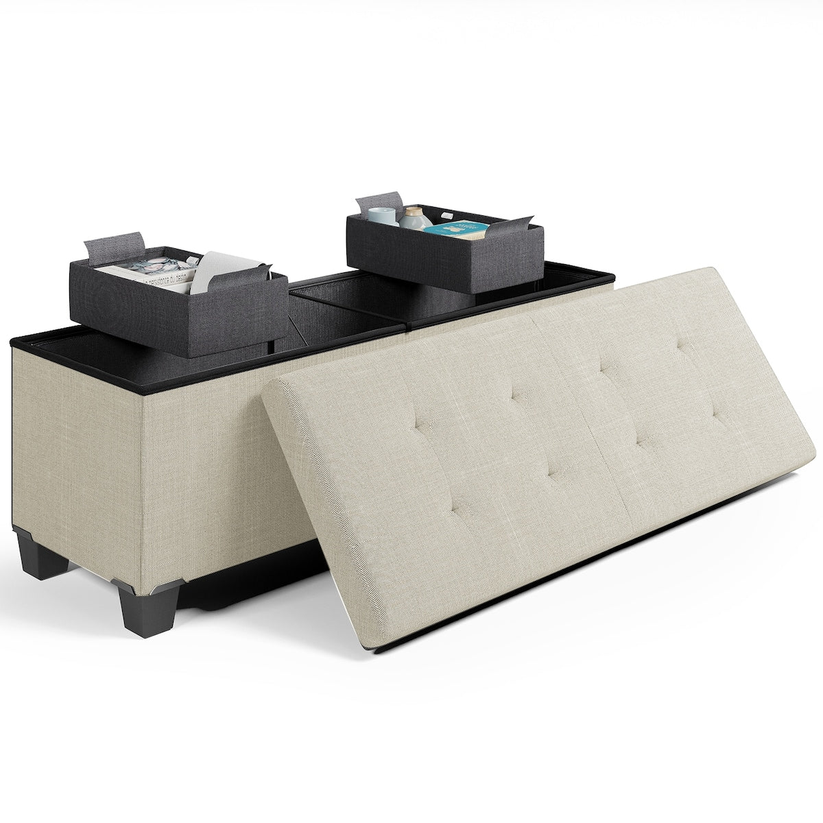 StorageBud Tuffted Folding Foot Rest Storage Ottoman Bench with Storage Bins