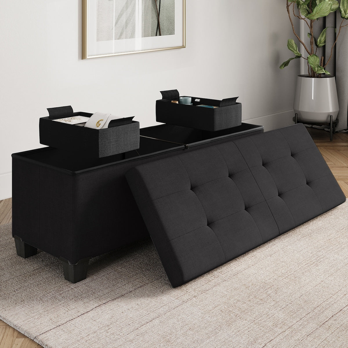 StorageBud Tuffted Folding Foot Rest Storage Ottoman Bench with Storage Bins