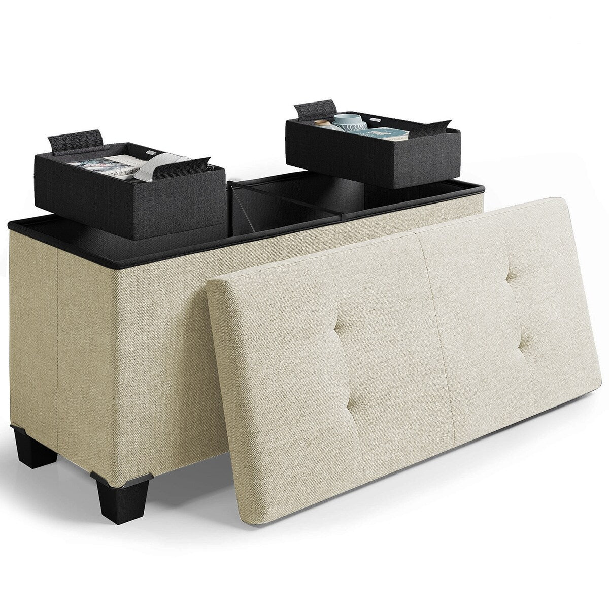 StorageBud Tuffted Folding Foot Rest Storage Ottoman Bench with Storage Bins