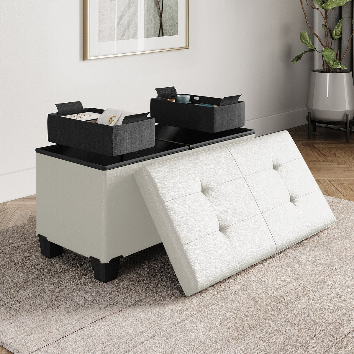 StorageBud Tuffted Folding Foot Rest Storage Ottoman Bench with Storage Bins