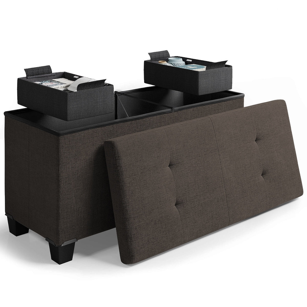 StorageBud Tuffted Folding Foot Rest Storage Ottoman Bench with Storage Bins