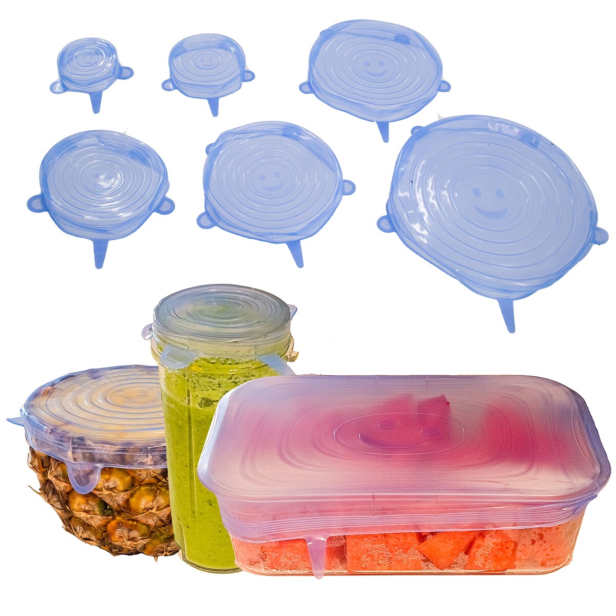 Stretch Lids Reusable Silicone Leak-Proof Food Covers For Bowls Cups Containers - 6pc