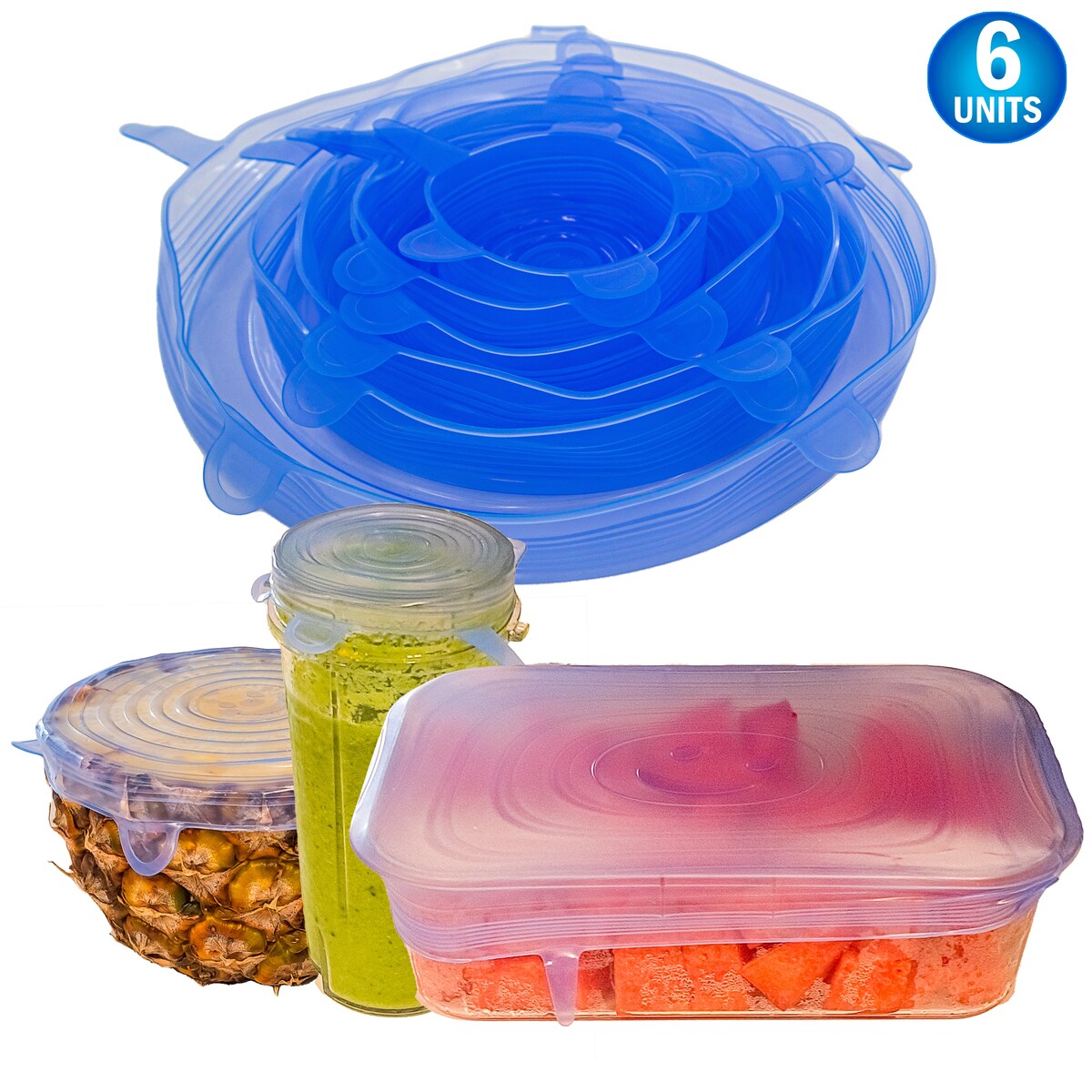 Stretch Lids Reusable Silicone Leak-Proof Food Covers For Bowls Cups Containers - 6pc