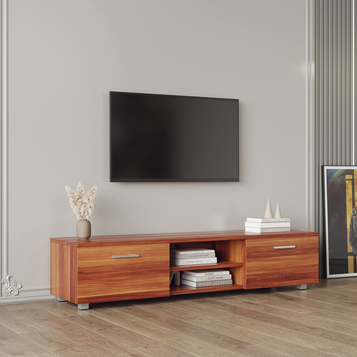 TV Stand Media Console Entertainment Center Table, 2 Storage Cabinet with Open Shelves for 70"