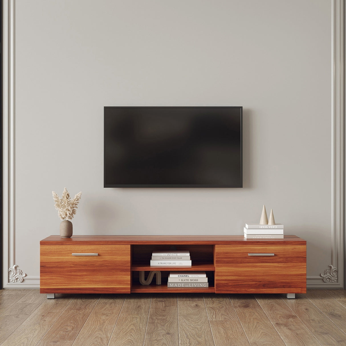 TV Stand Media Console Entertainment Center Table, 2 Storage Cabinet with Open Shelves for 70"