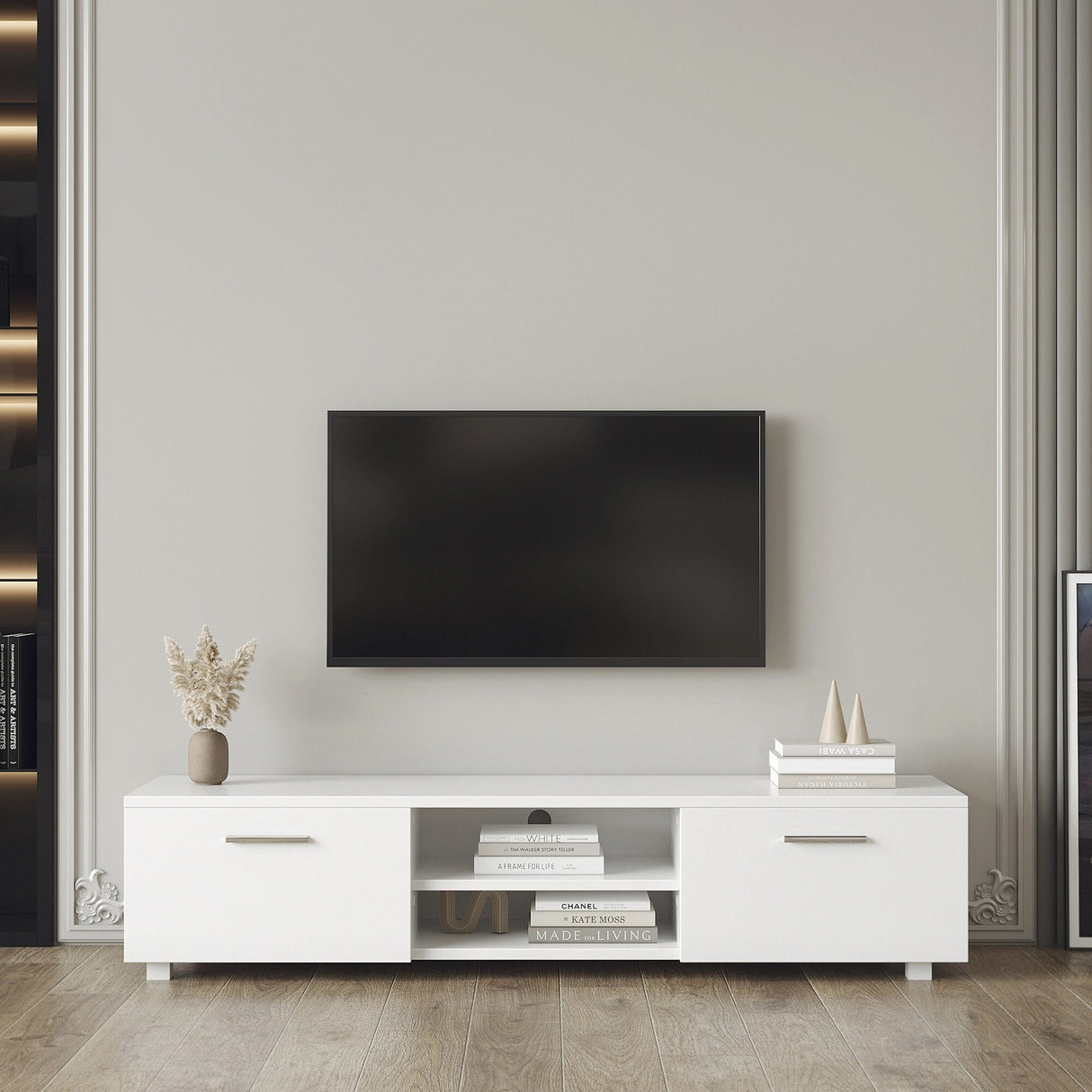 TV Stand Media Console Entertainment Center Table, 2 Storage Cabinet with Open Shelves for 70"