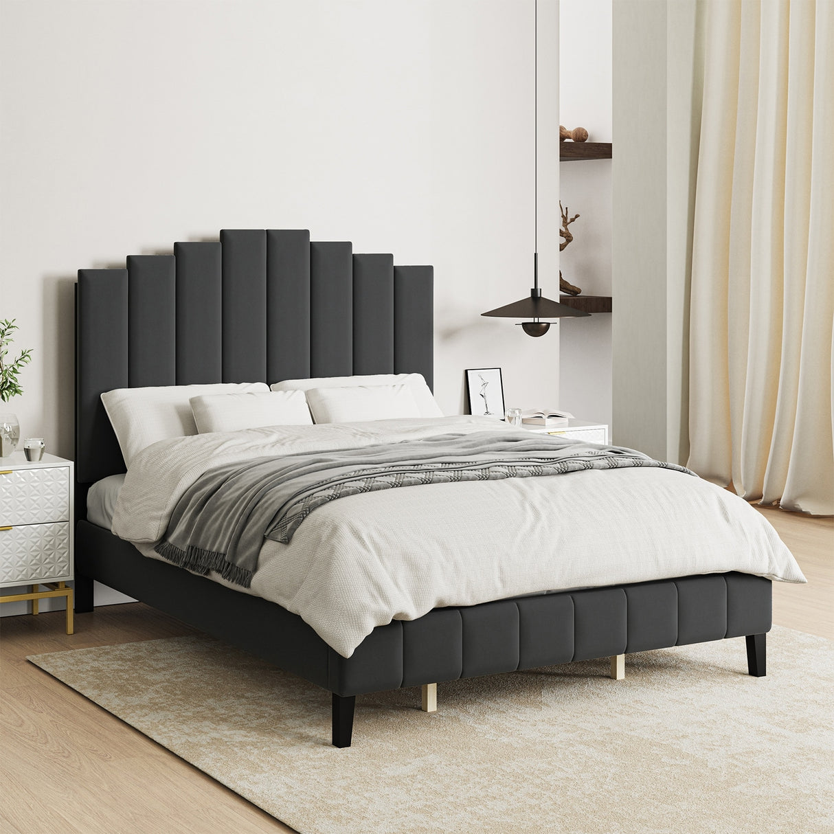 Tufted Upholstered Platform Bed with Sturdy Center Legs and Elegant Headboard for Bedroom by HULALA HOME