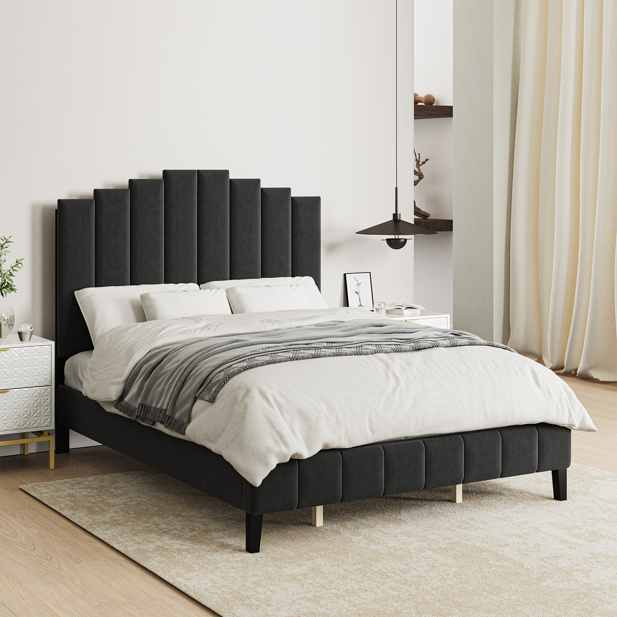 Tufted Upholstered Platform Bed with Sturdy Center Legs and Elegant Headboard for Bedroom by HULALA HOME