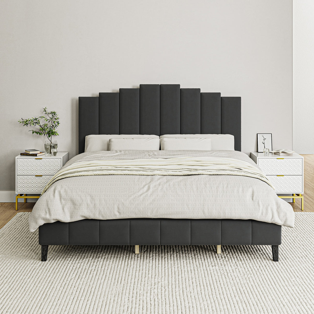 Tufted Upholstered Platform Bed with Sturdy Center Legs and Elegant Headboard for Bedroom by HULALA HOME