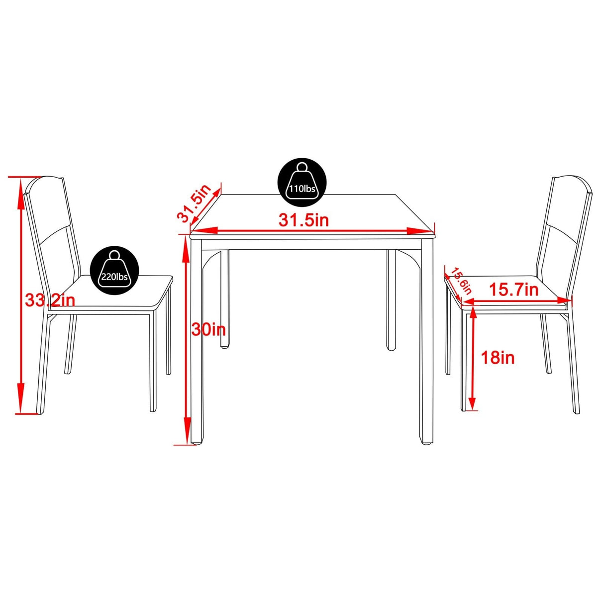 VEIKOUS 3-Piece Dining Room Table Set of Square Wooden Top,Metal Dining Table and Chairs for 2-Person