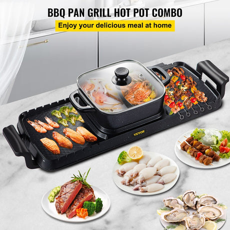 VEVOR 2 in 1 Electric Grill and Hot Pot 2400W BBQ Pan Grill and Hot Pot Multifunctional Teppanyaki Grill Pot