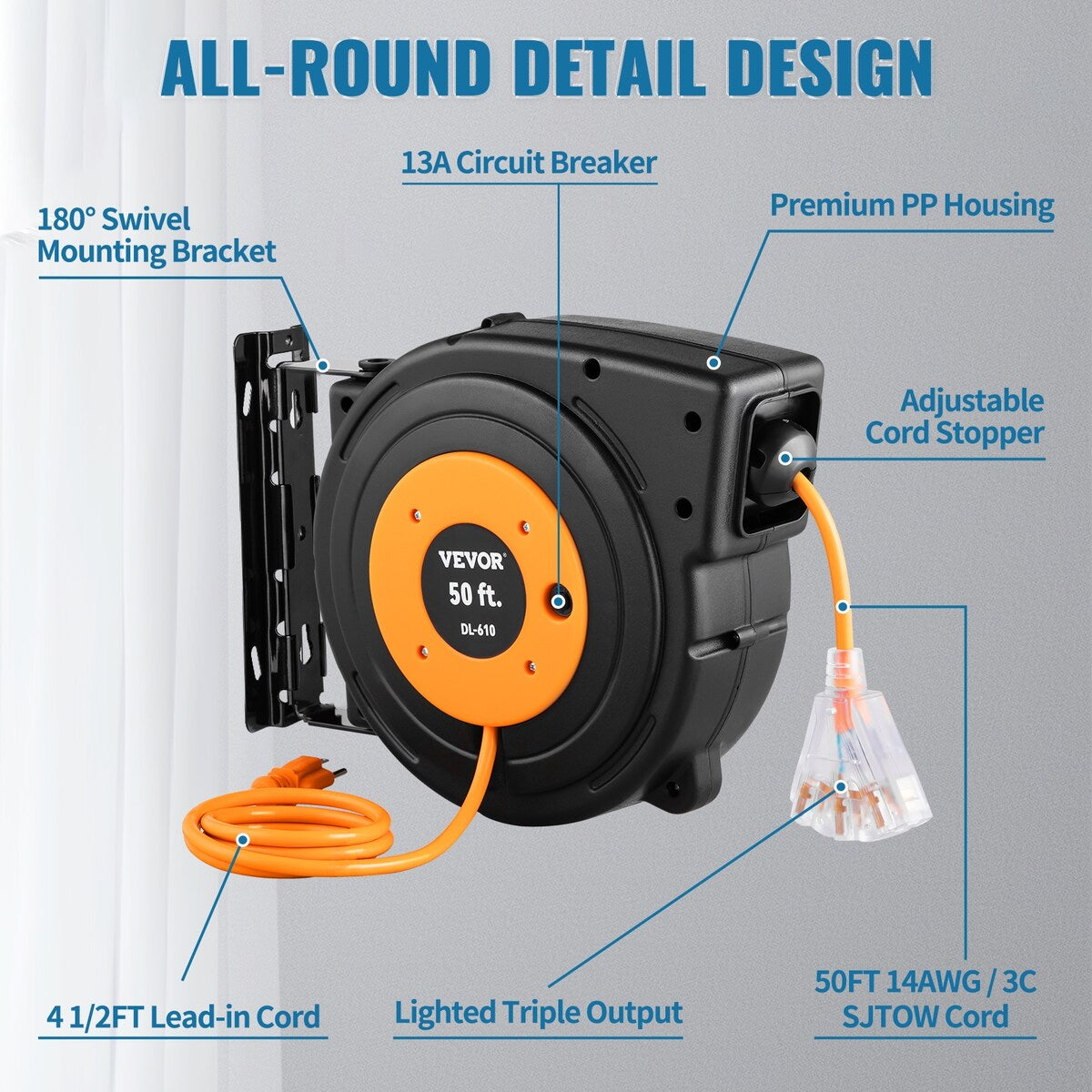 VEVOR Retractable Extension Cord Reel 45-60FT Heavy Duty SJTOW Power Cord with Lighted Triple Tap Outlet