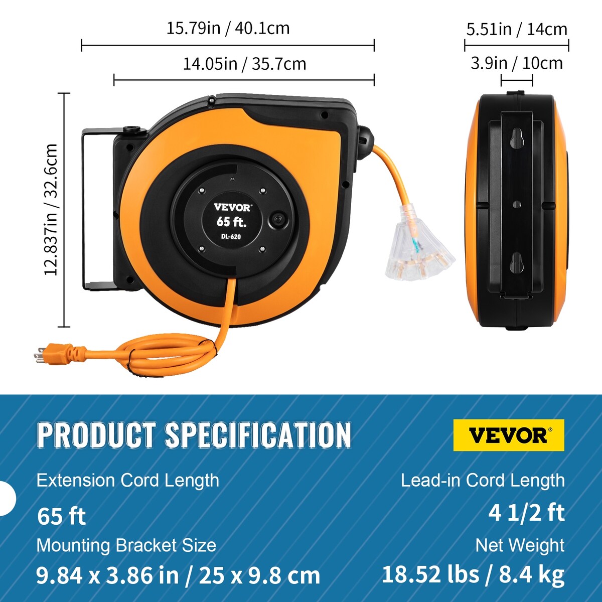 VEVOR Retractable Extension Cord Reel 45-60FT Heavy Duty SJTOW Power Cord with Lighted Triple Tap Outlet