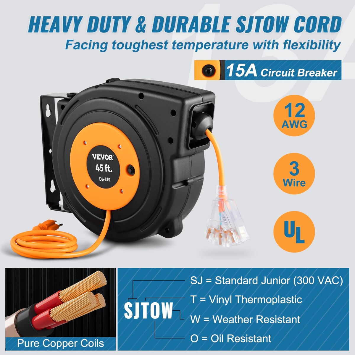 VEVOR Retractable Extension Cord Reel 45-60FT Heavy Duty SJTOW Power Cord with Lighted Triple Tap Outlet