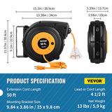 VEVOR Retractable Extension Cord Reel 45-60FT Heavy Duty SJTOW Power Cord with Lighted Triple Tap Outlet