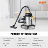 VEVOR Steel Wet Dry Shop Vacuum,Powerful Suction,Small Shop Vac Perfect for Carpet Debris,Pet Hair