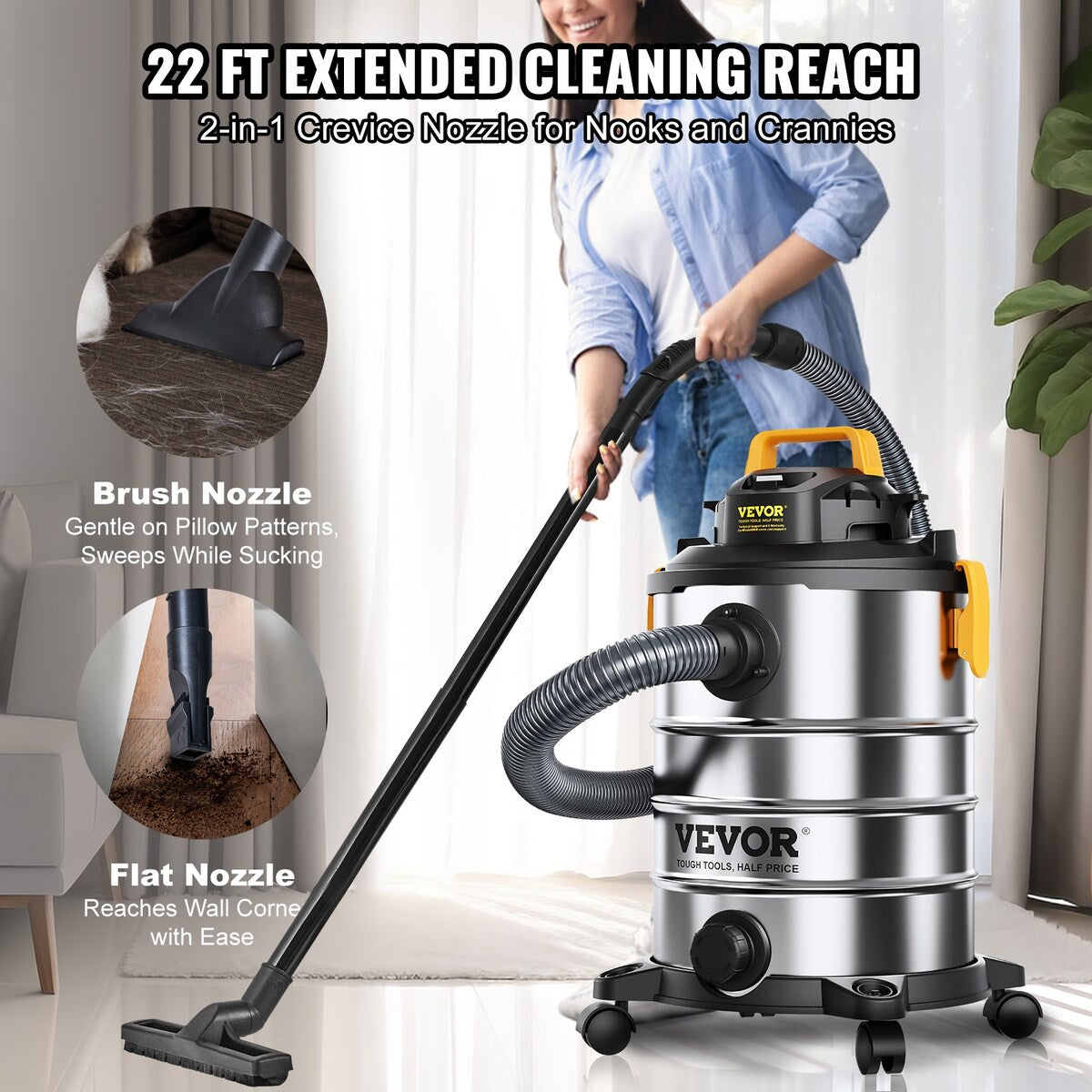 VEVOR Steel Wet Dry Shop Vacuum,Powerful Suction,Small Shop Vac Perfect for Carpet Debris,Pet Hair