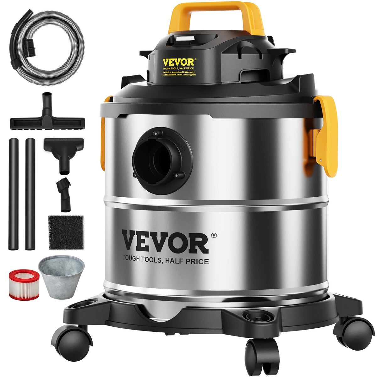 VEVOR Steel Wet Dry Shop Vacuum,Powerful Suction,Small Shop Vac Perfect for Carpet Debris,Pet Hair