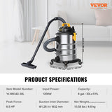 VEVOR Steel Wet Dry Shop Vacuum,Powerful Suction,Small Shop Vac Perfect for Carpet Debris,Pet Hair